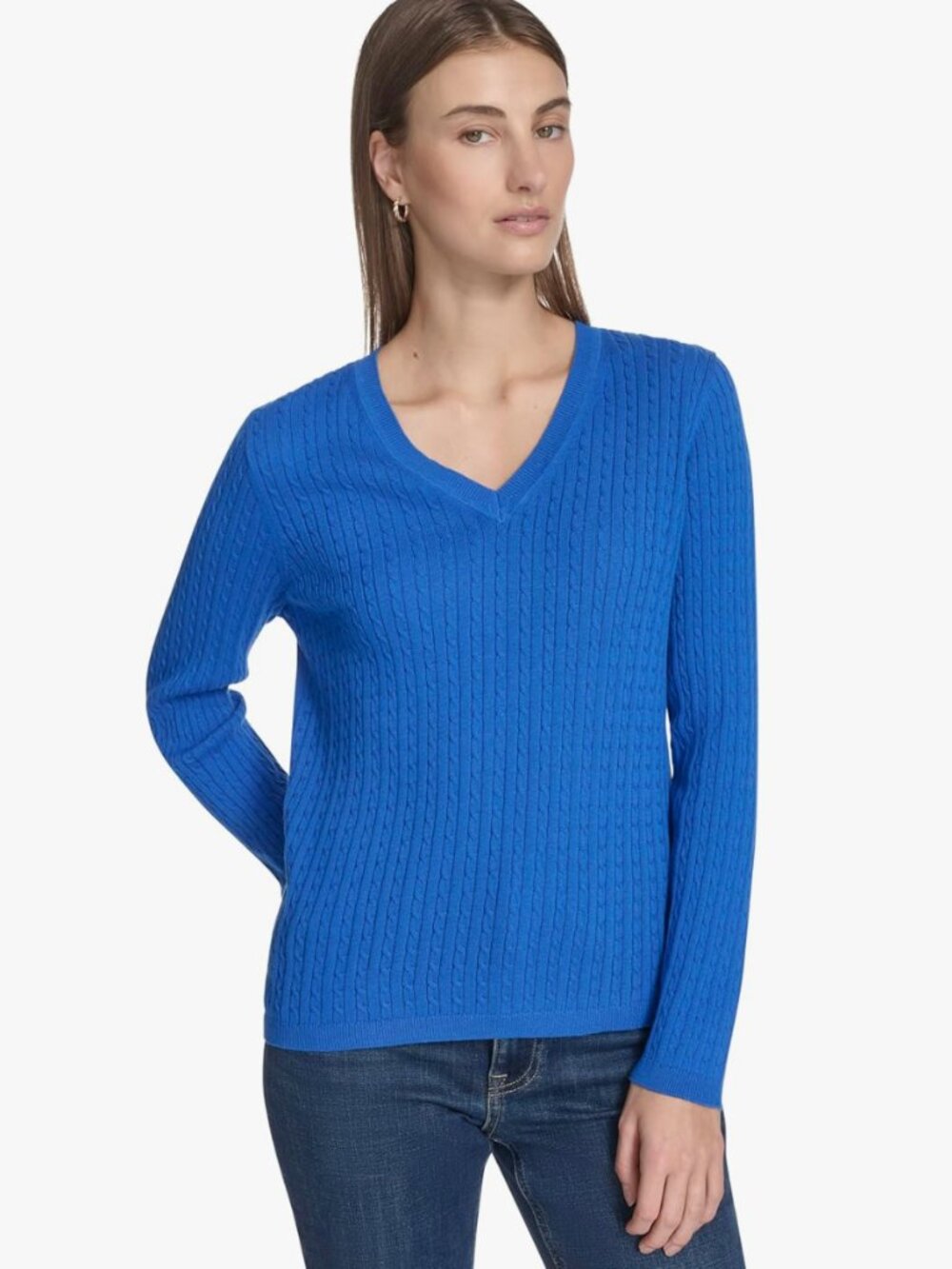 Nautica Women’s Cable Knit V-Neck Sweater | Cerulean Blue | Medium | EUC